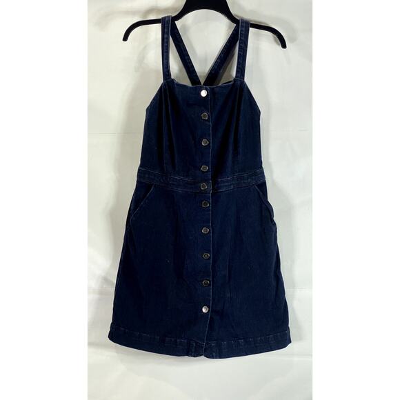 TOPSHOP MOTO Women's Blue Denim Button-Up Square-Neck Crossback Mini Dress SZ 10 - Picture 2 of 12